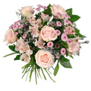 Bukett med blommor i rosa. Beställ ett blomsterbud hos Florister i Sverige och gör någon glad!