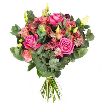 Bukett med rosa rosor, rosa snittblommor och gröna blad. Beställ ett blomsterbud hos Florister i Sverige och sprid glädje på Mors Dag!